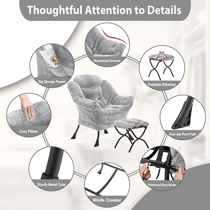 Lazy Chair with Folding Ottoman, Accent Chair Plush Upholstered with Metal Structure and Non-Slip Pads, Sofa Armchair with Footrest and Side Storage Bag for Dorm, Room, Office, Light Gray