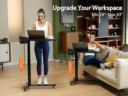 Rolling Adjustable Height Desk with Drawer and Wheels, Portable Small Standing Desk Pneumatic for Home Office, Mobile Computer Laptop Cart, Medical Sofa Overbed Table, Black