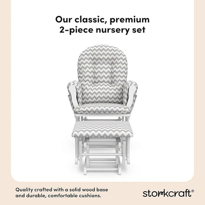 Storkcraft Premium Hoop Glider & Ottoman (White/Gray Chevron) — GREENGUARD Gold Certified Nursery Glider, Solid Wood Craftsmanship, Smooth-Gliding Nursery Chair and Ottoman, Award-Winning