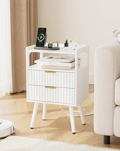 Nightstand with Charging Station and LED Lights,Modern Bedside Table with 2Drawer and Open Shelf,White Night Stand with Solid Wood Legs,End Table for Living Room、Bedroom and Small Spaces