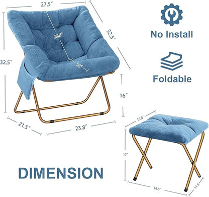 Comfy Saucer Chair for Adults, Foldable Living Room Chairs, Soft Faux Fur Lounge Chair for Bedroom, Reading Chairs, X-Large (Ottoman-Blue)