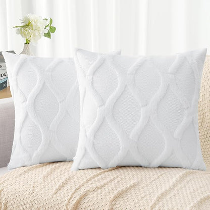 decorUhome Throw Pillow Covers 18x18 Inch Set of 2, Soft Plush Faux Fur Wool Pure White Couch Pillow Covers, Decorative Neutral Pillow Cases for Bed Sofa Living Room Home Decor