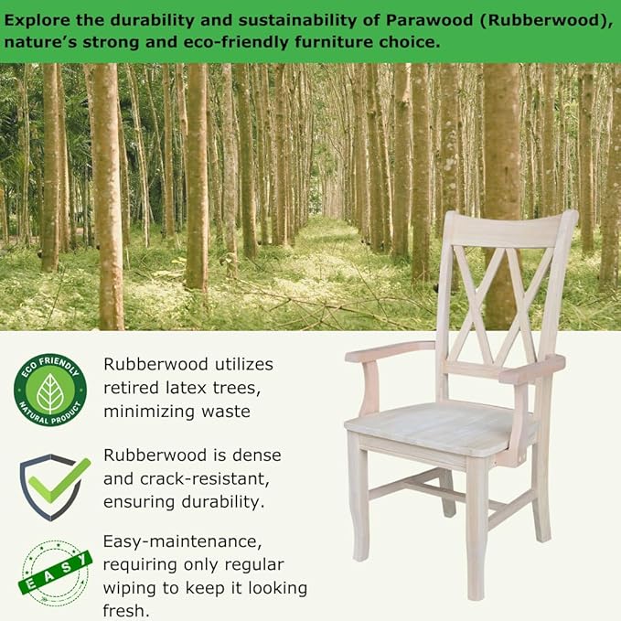 Solid Wood Double X-Back Dining Chair with Arms in Unfinished Parawood, Classic Kitchen/Dining Furniture, Stainable & Paintable, 23.6" W x 22" D x 41.3" H, Wide Arm Width, Traditional & Durable