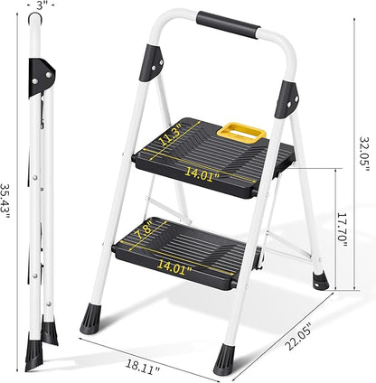 KINGRACK 2 Step Folding Ladder, 800lbs Capacity Step Stool with Safety Lock, Non-Skid Wide Pedals, and Handrail, Lightweight, Household Ladder for Home, Kitchen, Pantry, Closets, and Office Use, White