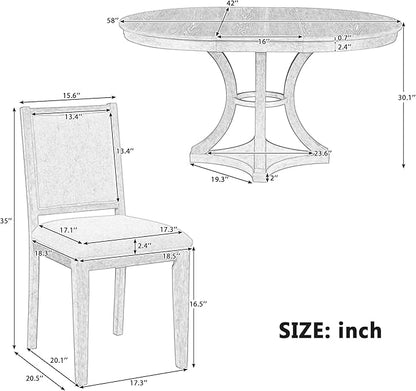 Merax 5-Piece Extendable Round Dining Table Set 42"-58" Retro Functional Table and 4 Upholstered Chairs for Dining Room and Living Room (Natural)