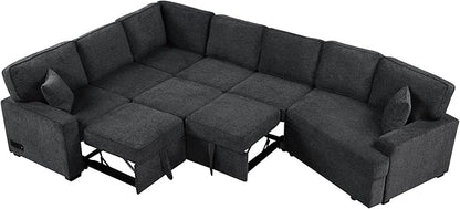 126" Extra Large Pull-Out Sofa Bed with Drop-Down Cup Holder Tables,L-Shaped Sectional Couch W/Charging Device,Convenient Sleeper Furniture Set for LivingRoom Apartment,Beige Chenille