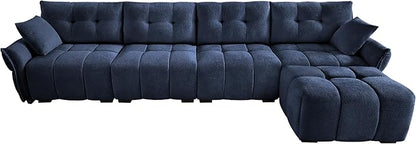 Modern Chenille Fabric 4-Seat Sofa w/Ottoman+2 Pillows, Premium Upholstery Living Room Couch with Tufted Backrest & Comfortable Armrests and High-Resilience Memory Foam Cushions,Blue