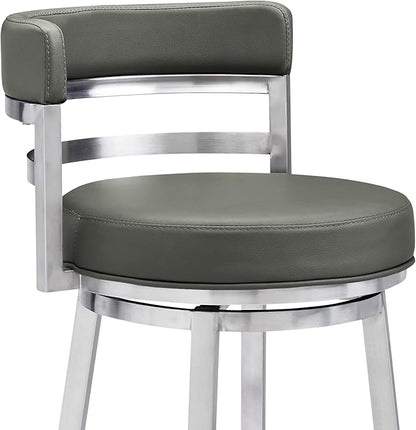 Armen Living Titana 30" Bar Height Swivel Grey Faux Leather and Brushed Stainless Steel Bar Stool