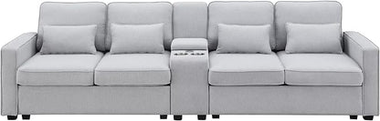 114.2" Linen Upholstered Sofa with Console and 2 USB Ports Wired or Wirelessly Charged,Modern 4-Seat Couches W/ 4 Pillows and Two Cupholders,for Living Room,Apartment,Light Gray