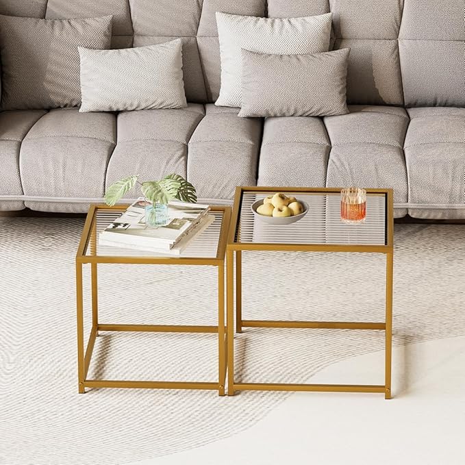 Garden 4 you Coffee Table Set of 2, Modern Patterned Glass Nesting Table, Metal Frame Square Center Table Set, Side Tables, Nesting Coffee Table for Living Room, Bedroom and Small Spaces, 19.7in Gold