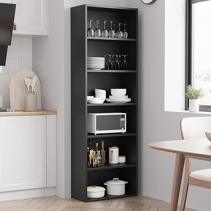 6-Tier Book Shelf, Floor Standing Open Bookcase, Wooden Display Storage Shelves with Anti-Tipping Device, 71" Tall Bookshelf for Bedroom, Living Room and Office, Black