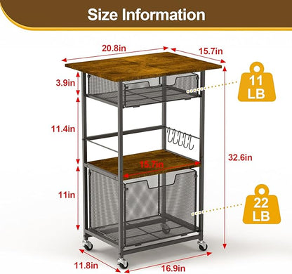 Microwave Stand with Drawers & Hooks,3-Tier Rolling Kitchen Cart for Small Spaces, Multifunctional Storage Organizer with Lockable Wheels Rustproof(Black +Vintage, 20.8 * 15.7 * 32.6inch)