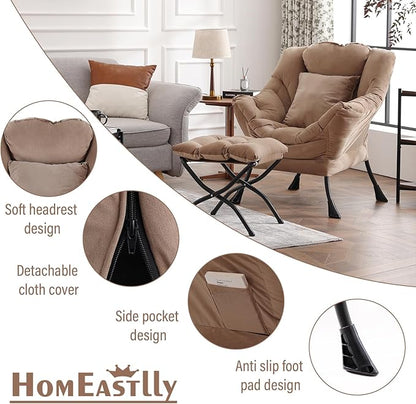 Lazy Chair with Ottoman, Reading Chair with a Pillow, Leisure Sofa Armchair with Ottoman, Large Accent Lounge Chair for Bedroom, Living Room, Dorm Room, Velvet Khaki