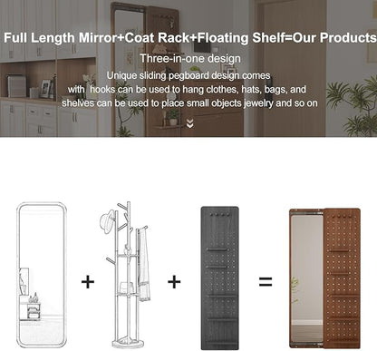 KungFuWood Full Length Mirror with Shelf and Hooks,Entry Way Mirrors for Wall,Wall Mirror with Shelf,Wall Mirror with Storage Multifunctional Design Panel,Living Room