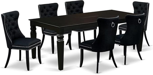 East West Furniture LGDA7-BLK-24 7 Piece Dining Table Set Consists of a Rectangle Kitchen Table with Butterfly Leaf and 6 Polyester Fabric Padded Chairs, 42x84 Inch, Black