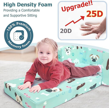 Kids Couch, 2-in-1 Kids Fold Out Sofa, Convertible Toddler Couch to Lounger for Girls and Boys, Soft Toddler Chairs Comfy 1-3 Years Old (Green Dog)