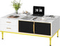GAOMON Coffee Table for Living Room, Faux Marble Coffee Table with 4 Drawers and Glass Doors Storage, Modern Aesthetic Fluted Panel Design, White & Gold