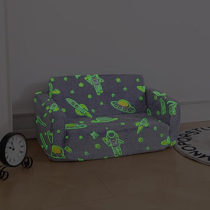 Foldable Kids Sofa,Soft Kids Fold Out Couch Glow in The Dark,Convertible Sofa to Lounger Toddler Sofa Chair(Space