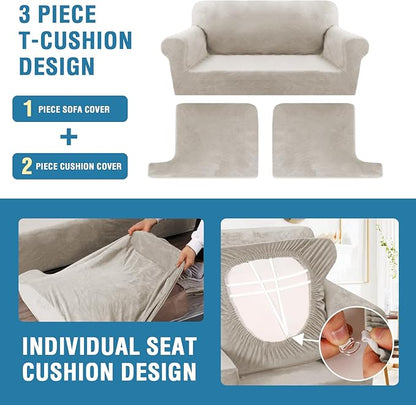 H.VERSAILTEX Sofa Cover 3 Piece T Cushion Loveseat Slipcovers Thick Velvet Couch Cover Stretch T Cushion Sofa Covers for 2 Cushion Couch with 2 Individual T Cushion Covers, French Oak