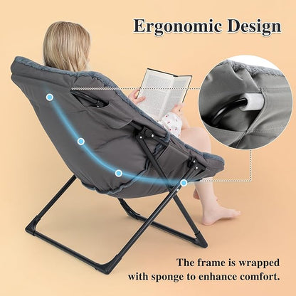 Comfy Saucer Chair for Adults, Soft Faux Fur Bedroom Chair, Accent Dorm Chairs, Flexible Living Room Reading Chairs, Oversized Folding Lounge Seat for Teens, X-Large, Navy Blue