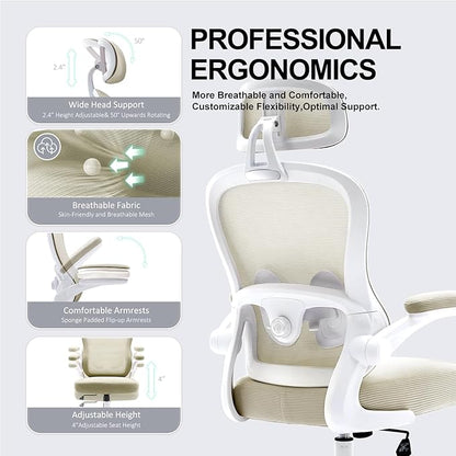 Ergonomic Office Chair,Ultra Thick Office Desk Chair with Adjustable Lumbar Support and Headrest,Spring Cushion,Rocking Function,Flip-up arms,Mesh Computer Chair for Home Office,Khaki