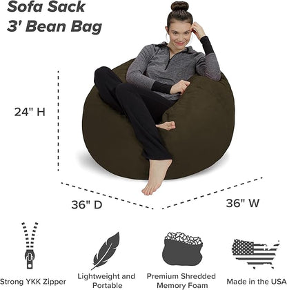 Sofa Sack Bean Bag Chair - Plush, Ultra Soft - Memory Foam Bean Bag Chair with Microsuede Cover - Stuffed Foam Filled Furniture and Accessories for Dorm Room 3 Feet - Olive