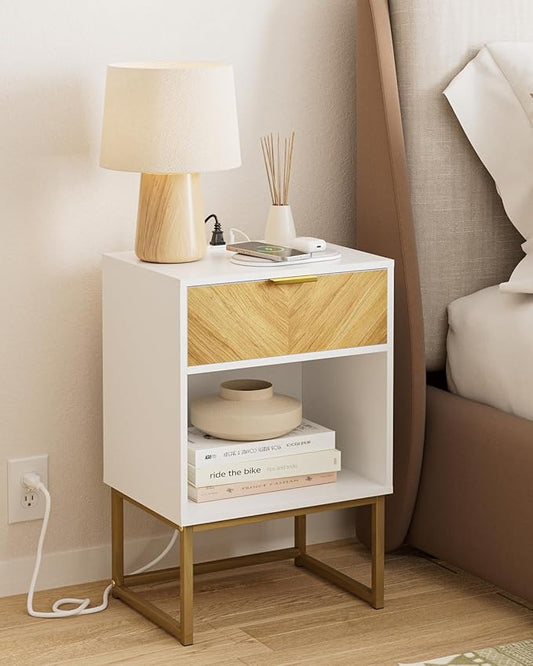 Nightstand with Charging Station, Boho Night Stand Wood Farmhouse Bedside Table with Storage, End Side Accent Table for Bedroom,Living Room,White