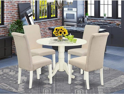 East West Furniture DLBA5-WHI-01 5 Piece Dining Table Set for 4 Includes a Round Kitchen Table with Dropleaf and 4 Cream Linen Fabric Parson Dining Chairs, 42x42 Inch, Linen White
