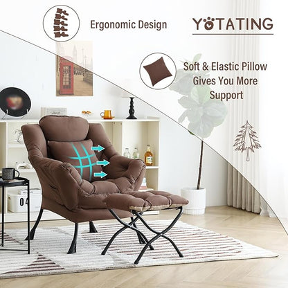 Lazy Chair with Ottoman, Comfy Reading Chair with Footstool & Pillow Modern Lounge Chair with Armrests & Side Pocket for Living Room, Bedroom, Dorm Room，Dark Brown