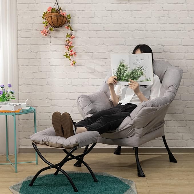 HollyHOME Fabric Lazy Chair with Foldable Ottoman, Accent Comfy Lounge Arm Chair and Folding Footrest Stool Set, Leisure Sofa Reading Chair and Footstool for Living Room, Bedroom, Dorm, Grey