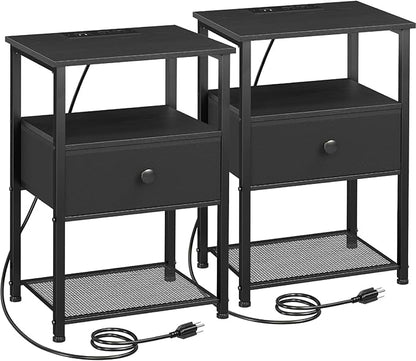 Night Stand Set 2, Black Nightstand with Charging Station, End Tables Living Room with Fabric Drawer for Small Spaces, Side Tables with Storage Shelf for Bedroom, HETS010BK