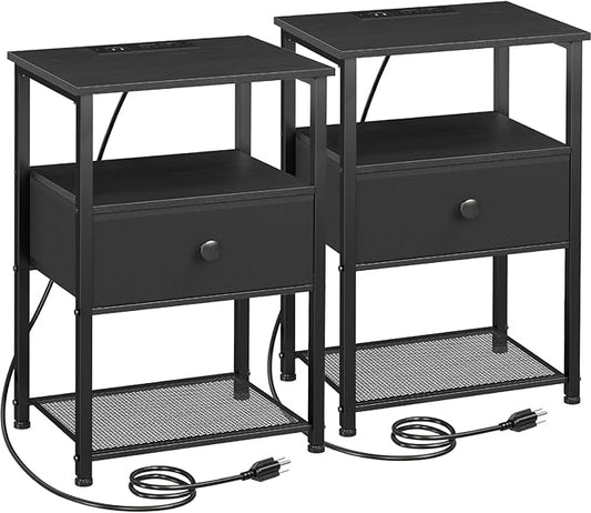 Night Stand Set 2, Black Nightstand with Charging Station, End Tables Living Room with Fabric Drawer for Small Spaces, Side Tables with Storage Shelf for Bedroom, HETS010BK