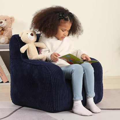 Kids Bean Bag Chair with a Plush Bear, Comfy Toddler Chair for Boys and Girls, Dark Blue
