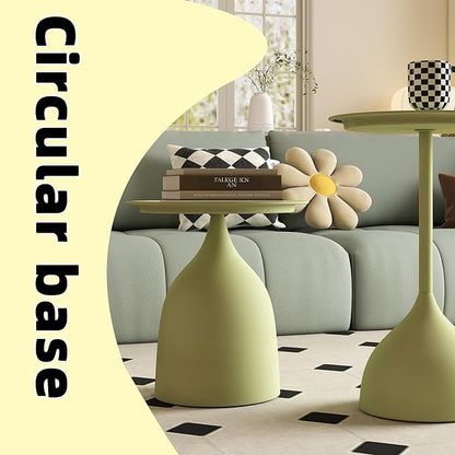 hitsuki Green Nesting Coffee Table Set of 2 Funky Colorful Round Metal End Side Tables for Living Room Sofa Retro Modern Pedestal nightstand Cute Matte Cream Green Side Table