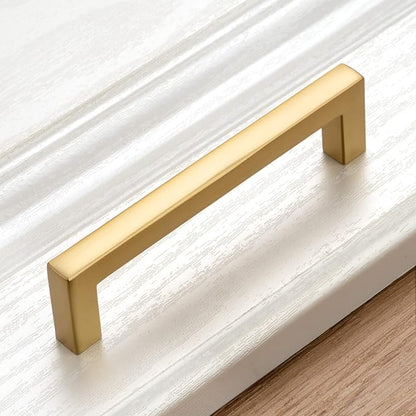 KOOFIZO Solid Square Bar Cabinet Handle - Brushed Gold Furniture Pull, 3.8 Inch/96mm Screwhole Distance, 10-Pack for Kitchen Cupboard Door, Bedroom Dresser Drawer, Bathroom Wardrobe Hardware