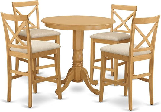 East West Furniture JAPB5-OAK-C 5 Piece Counter Height Pub Set Includes a Round Dining Table with Pedestal and 4 Linen Fabric Kitchen Dining Chairs, 36x36 Inch, Oak