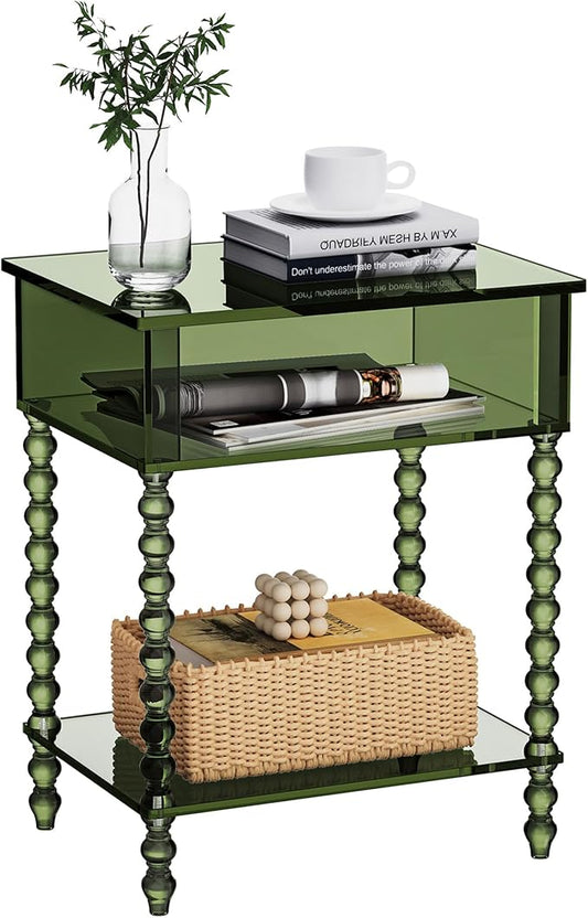 Acrylic Side Table, Clear 3-Tier End Table with Storage, Nightstand for Living Room, Bedroom, Office (Green, 11.8 ×15.7 × 19.7)