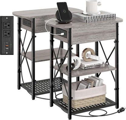 Narrow Side Table with Charging Station, End Tables Set of 2 for Small Spaces, Flip Top End Table with Storage, End Tables Living Room, Nightstand Set 2 with Drawer for Bedroom, Grey