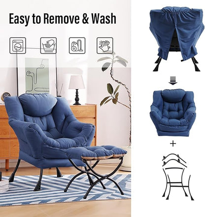 Lazy Chair with Ottoman, Modern Chair with Folding Footrest, Lounge Accent Chair, Comfortable Reading Chair (Royal Blue)