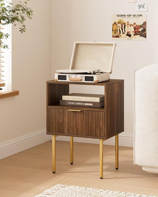 Nightstand,Small Bedside Table with Gold Frame,Morden Night Stand with 2 Drawer,End Table,Side Table with Drawer and Shelf for Bedroom,Living Room (Grey-1Drawer)