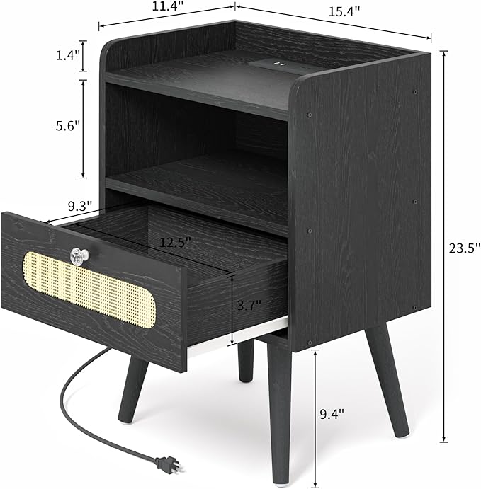 Diamond Décor End Table, Nightstand with Charging Station, Bedside Table with Solid Wood Legs, Black