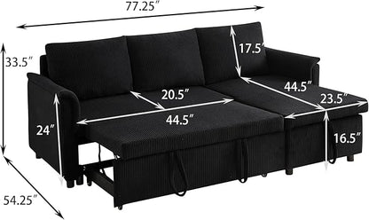Ball & Cast L-Shape Reversible Sectional Sleeper Sofa Bed 4 in 1 Pull Out Couch with Storage Chaise&Removable Backrest,Convertible Sleeper Corner Couch Pull-Out Sofa Bed for Living Room,Corduroy,Black