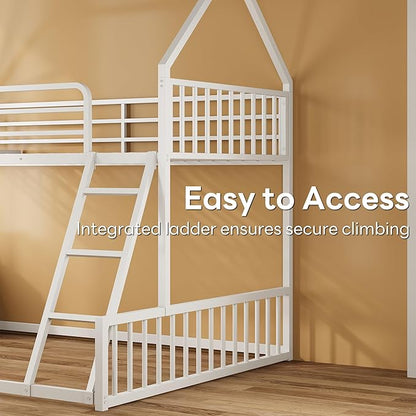 LIKIMIO Bunk Bed Twin Over Full Size, House Bunk Bed Frame with Ladder and Guardrail, House Shaped with Metal Slats Support No Box Spring Needed Space Saving for Bedroom and Dorm, White