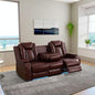 Electric Power Recliner Sofa Living Room Furniture, Comfy Home Theater Breathing Leather Seating with USB 2.0 Charging Ports, LED Light Strips, Fold-Down Table & Wireless Charging Device (Red)