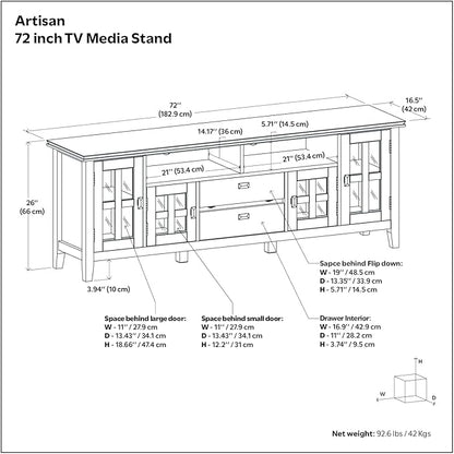 SIMPLIHOME Artisan SOLID WOOD 72 inch Wide Contemporary TV Media Stand in Rustic Natural Aged Brown For TVs up to 80 inches for the Living Room and Entertainment Center