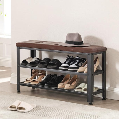Apicizon 35.5" Shoe Rack Bench, 3-Tier Entryway Bench, with Leather Seat and Metal Frame, Loads 300 lb, Suitable for Living Room, Hallway, Mudroom, Doorway, Rustic Brown