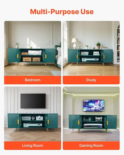 VEVOR TV Stand for TVs up to 75 inch, Modern Entertainment Center with Glass Doors and Gold Legs, TV Cabinet Storage with Adjustable Shelves, Media Console Table for Living Room and Bedroom, Green