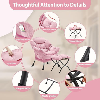 Lazy Chair with Folding Ottoman, Accent Chair Velvet Upholstered with Metal Structure and Non-Slip Pads, Sofa Armchair with Footrest and Side Storage Bag for Dorm, Room, Office, Pink