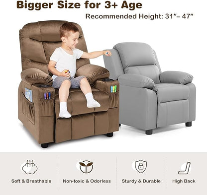 Costzon Kids Recliner Chair with Cup Holder, Adjustable Velvet Lounge Chair w/Footrest & Side Pockets for Children Boys Girls Room, Ergonomic Toddler Furniture Sofa, Kids Recliner (Brown)