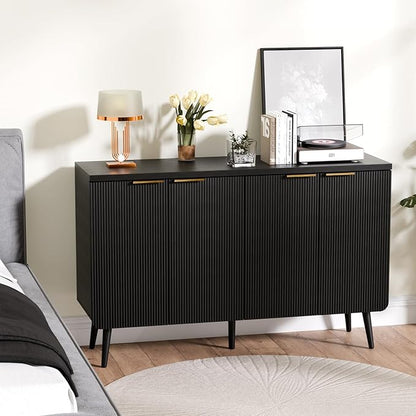 47.2" Buffet Cabinet with 4 Doors, Accent Sideboard Cabinet with Adjustable Shelf, Dining Room Sideboard with Waveform Panel, Credenzas for Living Room, Hallway, Black